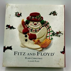 New Fitz and Floyd Plaid Christmas Snowman Canape Plate NIB